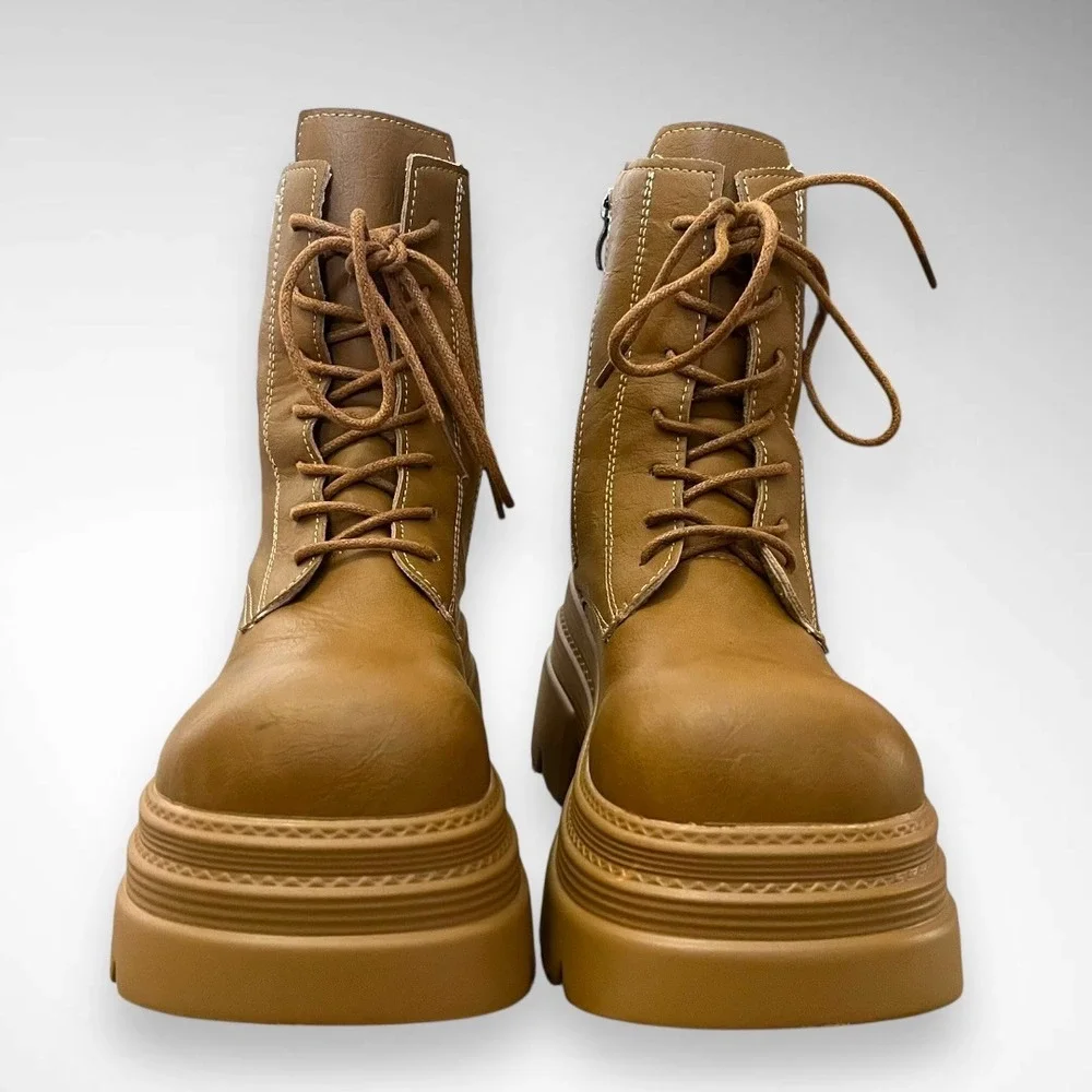 BRAND NEW Tan Faux Leather‎ Lace Up Platform Boots Size 5